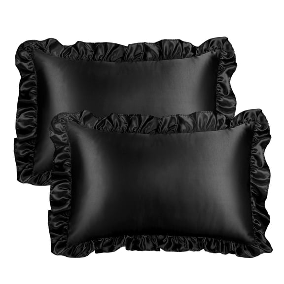 Unique Bargains Satin Ruffle Envelope Closure Pillowcases Set of 2 Black 17" x 25"