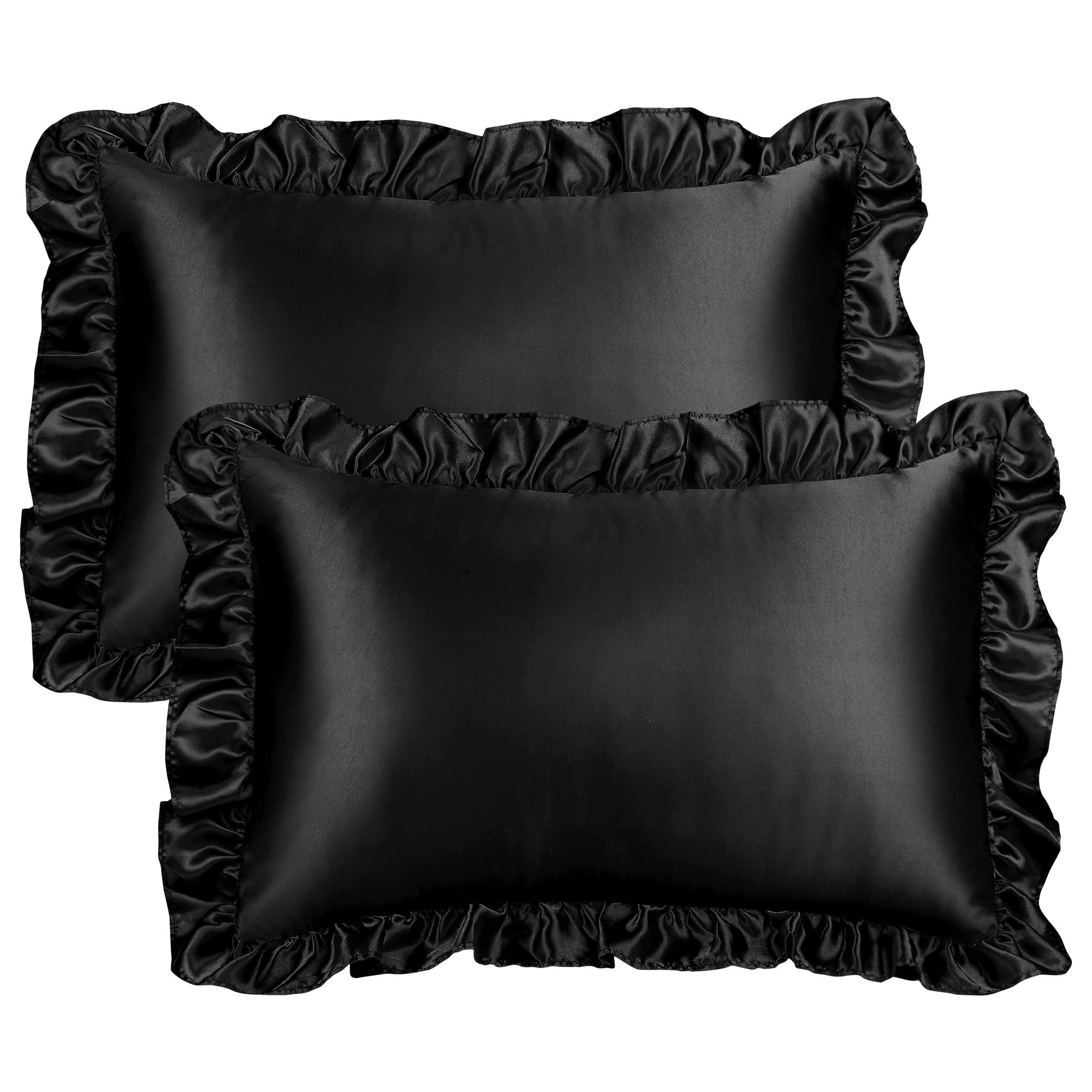 Unique Bargains Satin Ruffle Envelope Closure Pillowcases Set of 2 Black 20"x30"