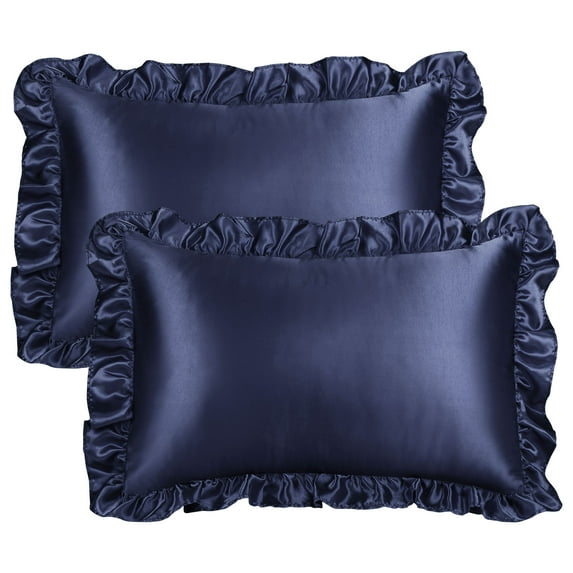Unique Bargains Satin Ruffle Envelope Closure Pillowcases Set of 2 Navy 20"x36"