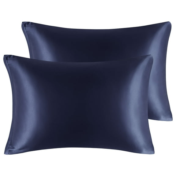 Unique Bargains Satin Set of 2 Zipper Closure Pillowcases Navy 20"x26"