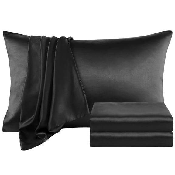Unique Bargains Satin Sheet Set Luxury Polyester Bed Set 4 Pcs King Black