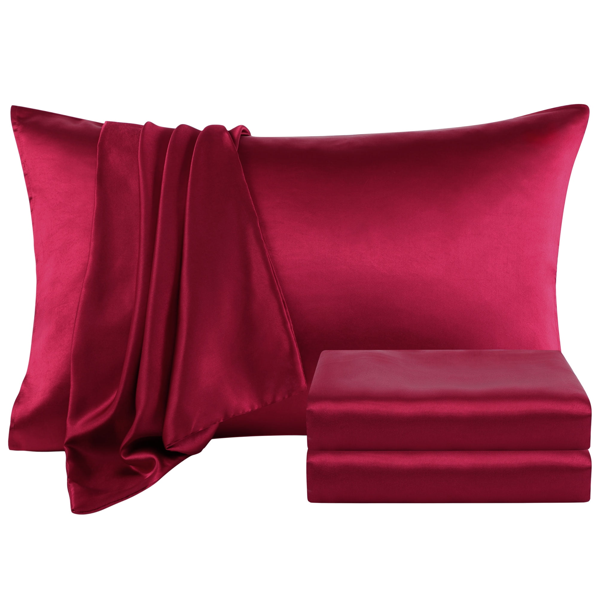 Unique Bargains Satin Sheet Set Luxury Polyester Bed Set 4 Pcs King Burgundy