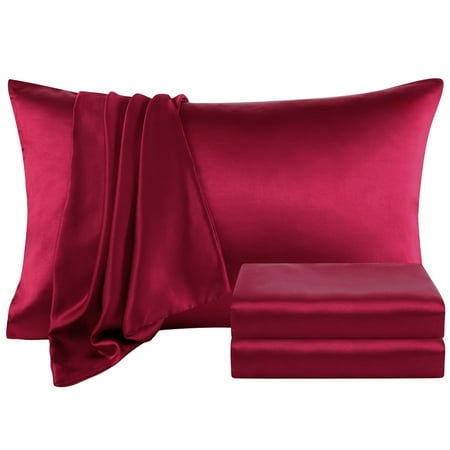 Unique Bargains Satin Sheet Set Luxury Polyester Bed Set 4 Pcs Queen Burgundy