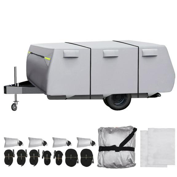 Unique Bargains Set Waterproof  Camper Trailer Cover Fits 12'-14' RV Cover Anti-UV with 3+2 Straps Silver Tone