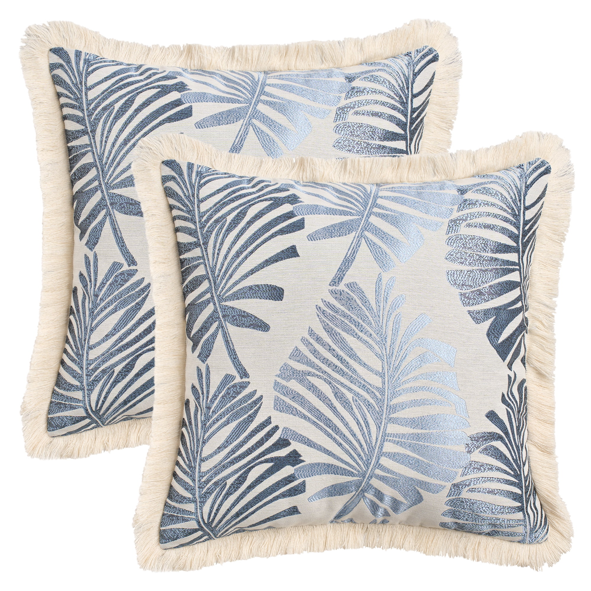 Unique Bargains Set of 2 Boho Palm Leaf Jacquard Throw Pillow with Tassel Edge Blue
