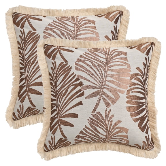 Unique Bargains Set of 2 Boho Palm Leaf Jacquard Throw Pillow with Tassel Edge Brown