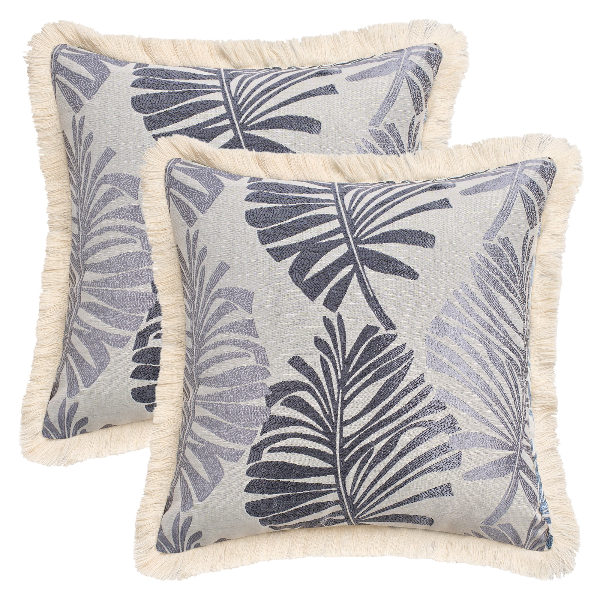 Unique Bargains Set of 2 Boho Palm Leaf Jacquard Throw Pillow with Tassel Edge Light Grey