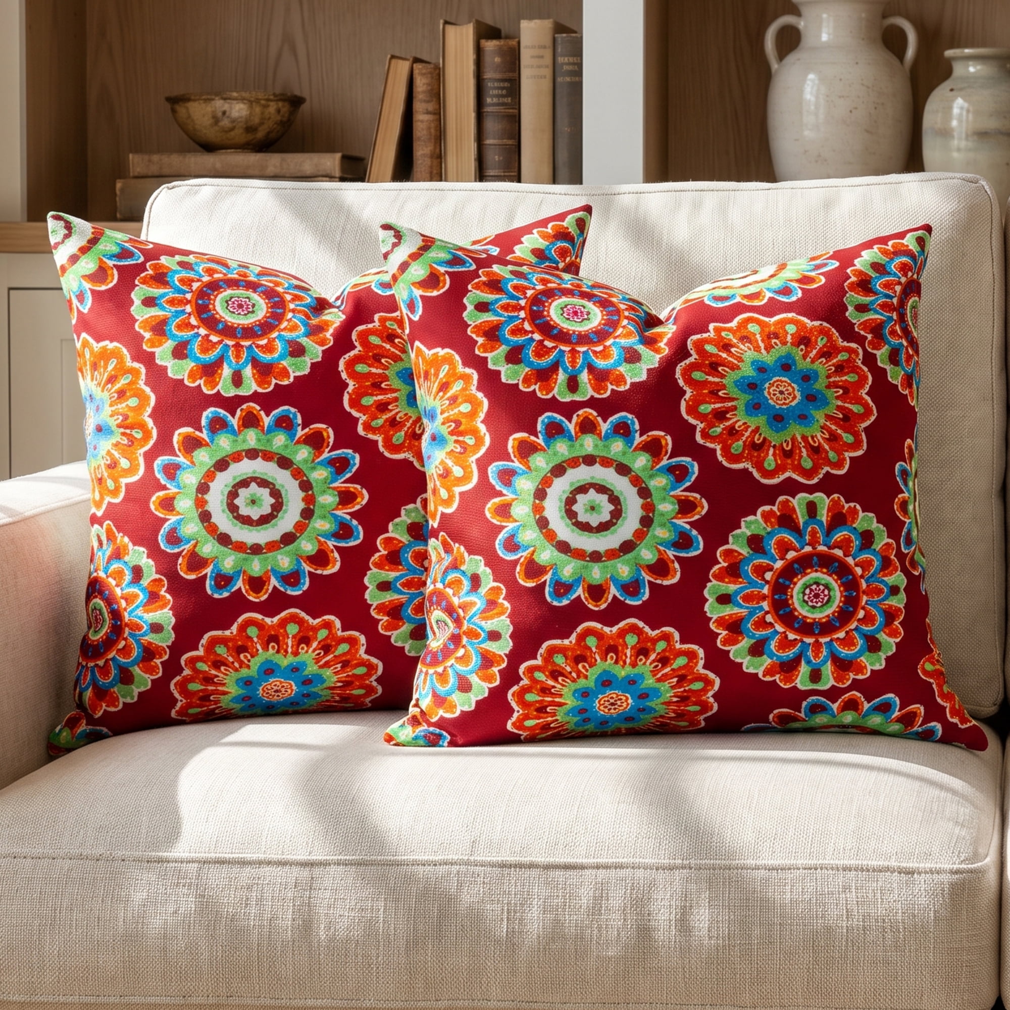 Unique Bargains Set of 2 Botanical Floral Printed Throw Pillow Covers Red 18"x18"