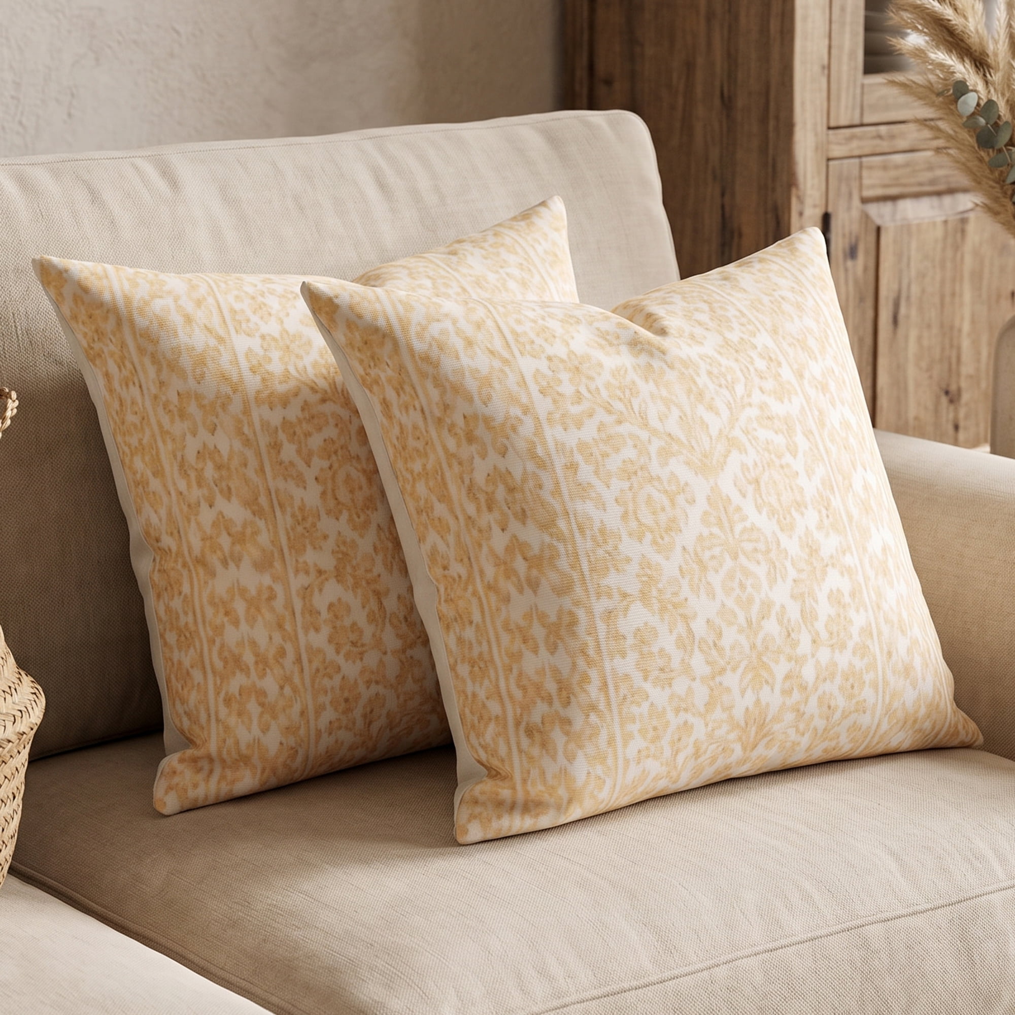 Unique Bargains Set of 2 Modern Botanical Floral Printed Throw Pillow Covers Yellow 18"x18"
