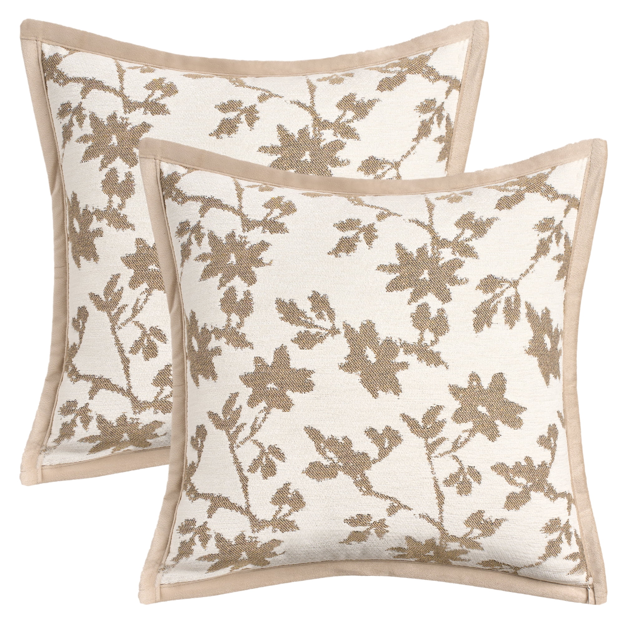 Unique Bargains Set of 2 Chenille Leaves Jacquard Throw Pillow Covers Light Brown