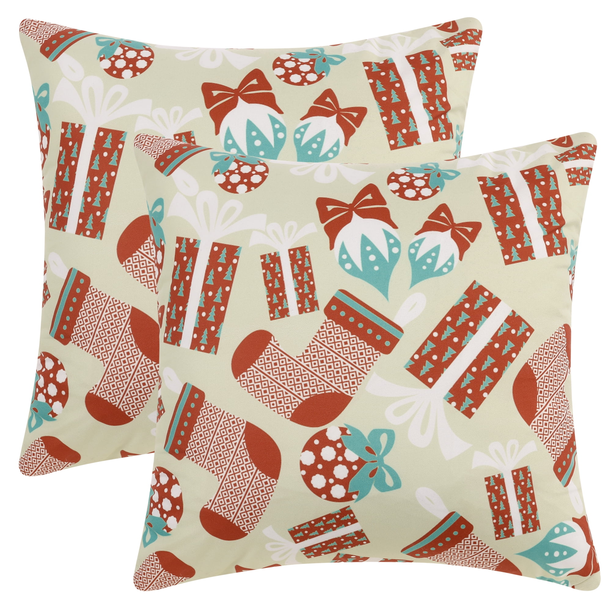 Unique Bargains Set of 2 Christmas Printed Throw Pillow Covers Velvet Cushion Covers Beige Red 18" x 18"
