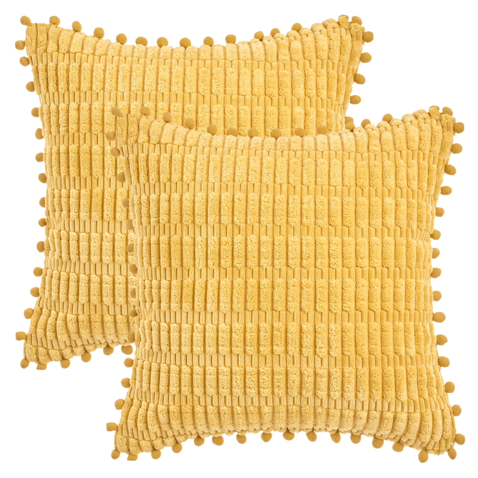 Unique Bargains Set of 2 Corduroy Throw Pillow Covers with Pom-pom Edges 16" x 16" Yellow