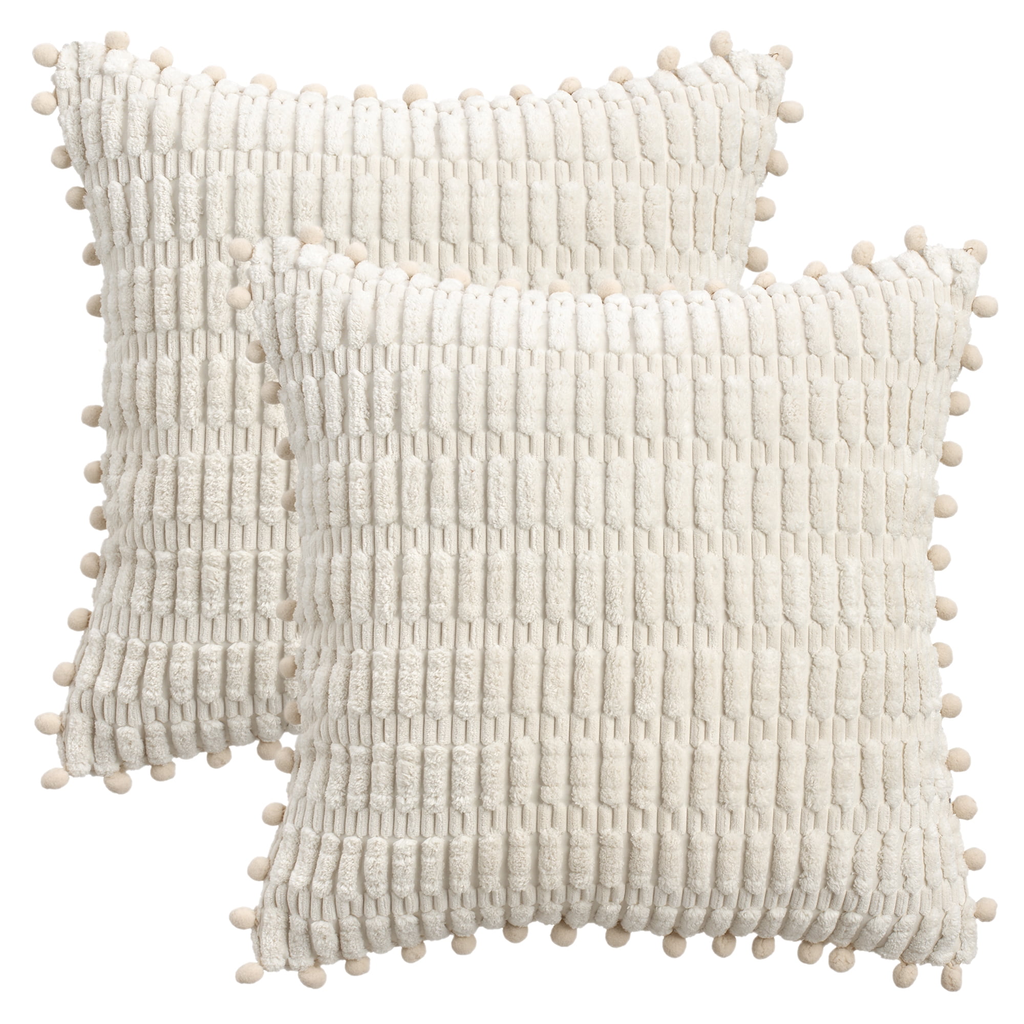 Unique Bargains Set of 2 Corduroy Throw Pillow Covers with Pom-pom Edges 18" x 18" Beige