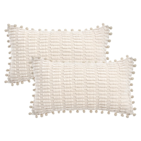 Unique Bargains Set of 2 Corduroy Throw Pillow Covers with Pom-pom Edges 20" x 12" Beige