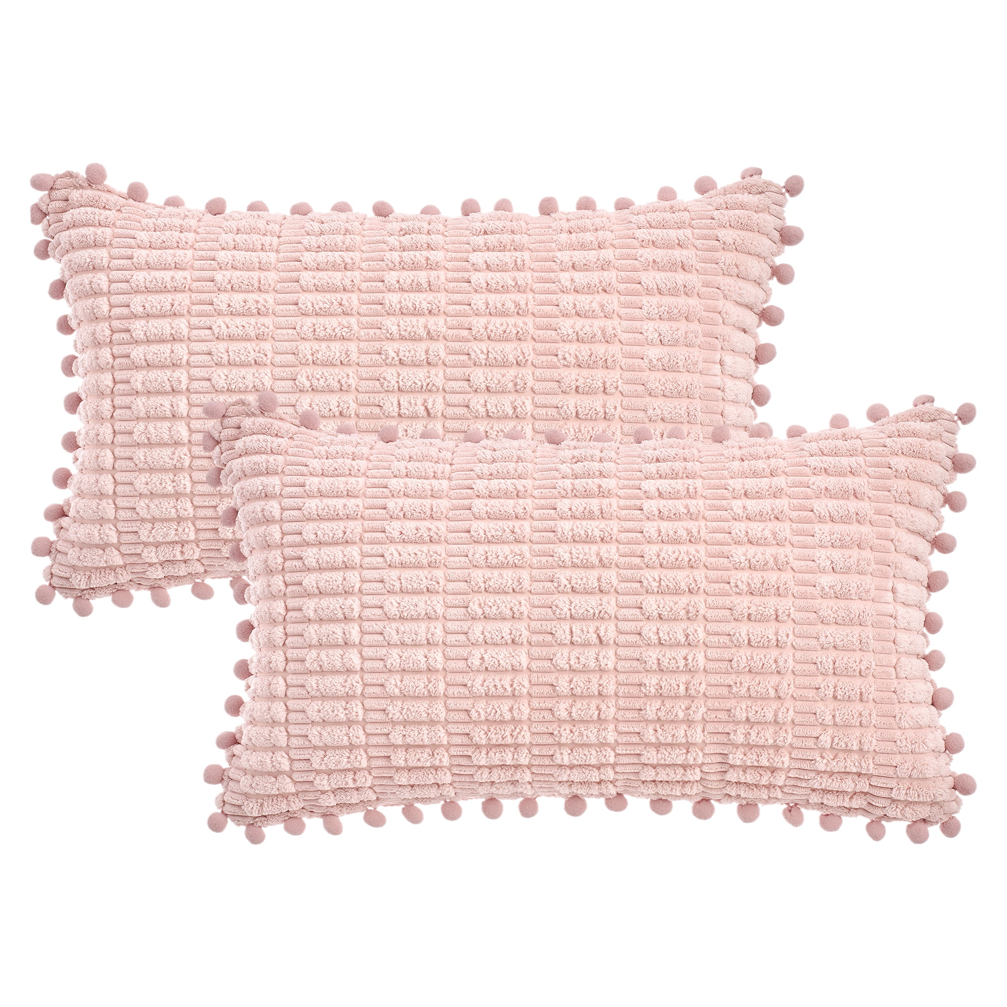 Unique Bargains Set of 2 Corduroy Throw Pillow Covers with Pom-pom Edges 20" x 12" Pink