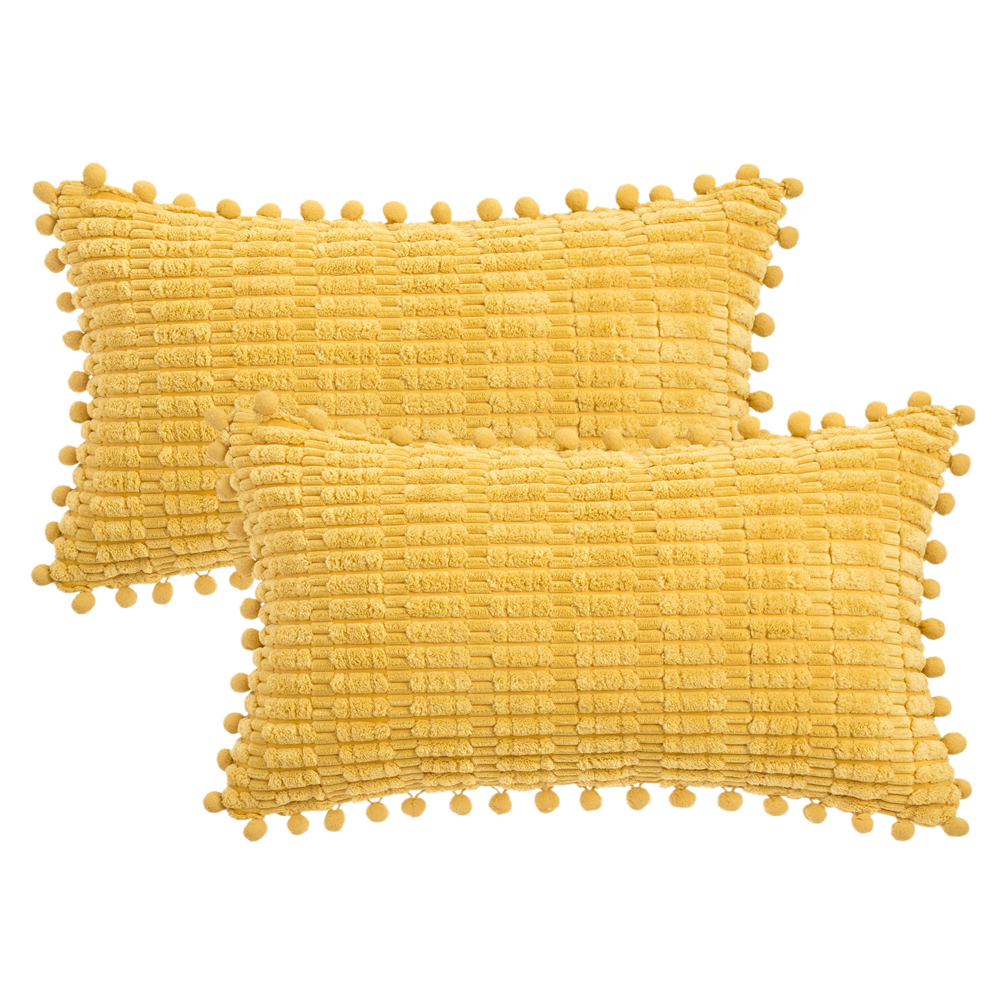 Unique Bargains Set of 2 Corduroy Throw Pillow Covers with Pom-pom Edges 20" x 12" Yellow