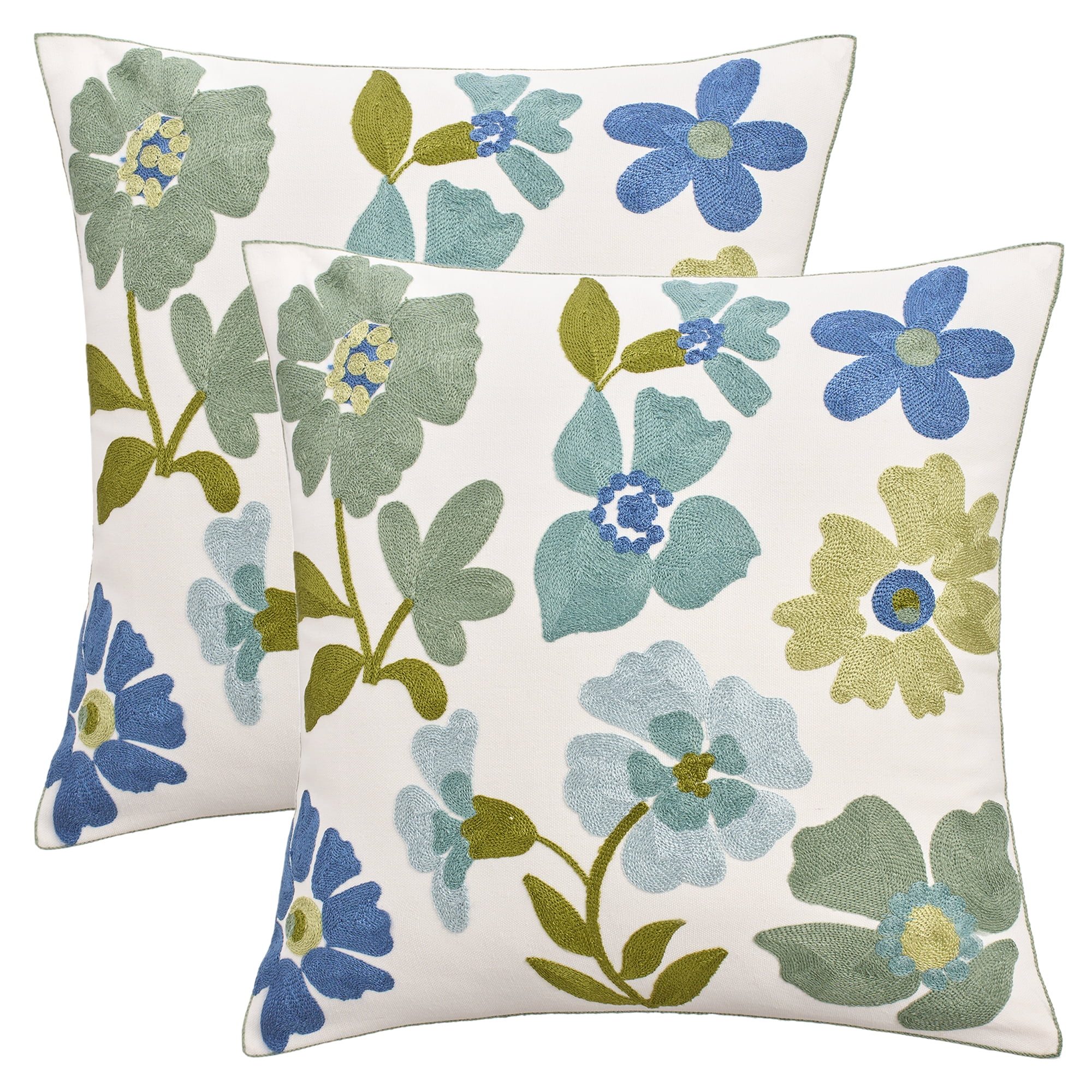 Unique Bargains Set of 2 Floral Embroidery Cotton Canvas Pillow Cover Blue Green