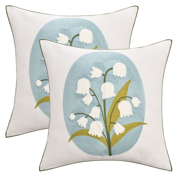 Unique Bargains Set of 2 Floral Embroidery Cotton Canvas Pillow Cover Blue White