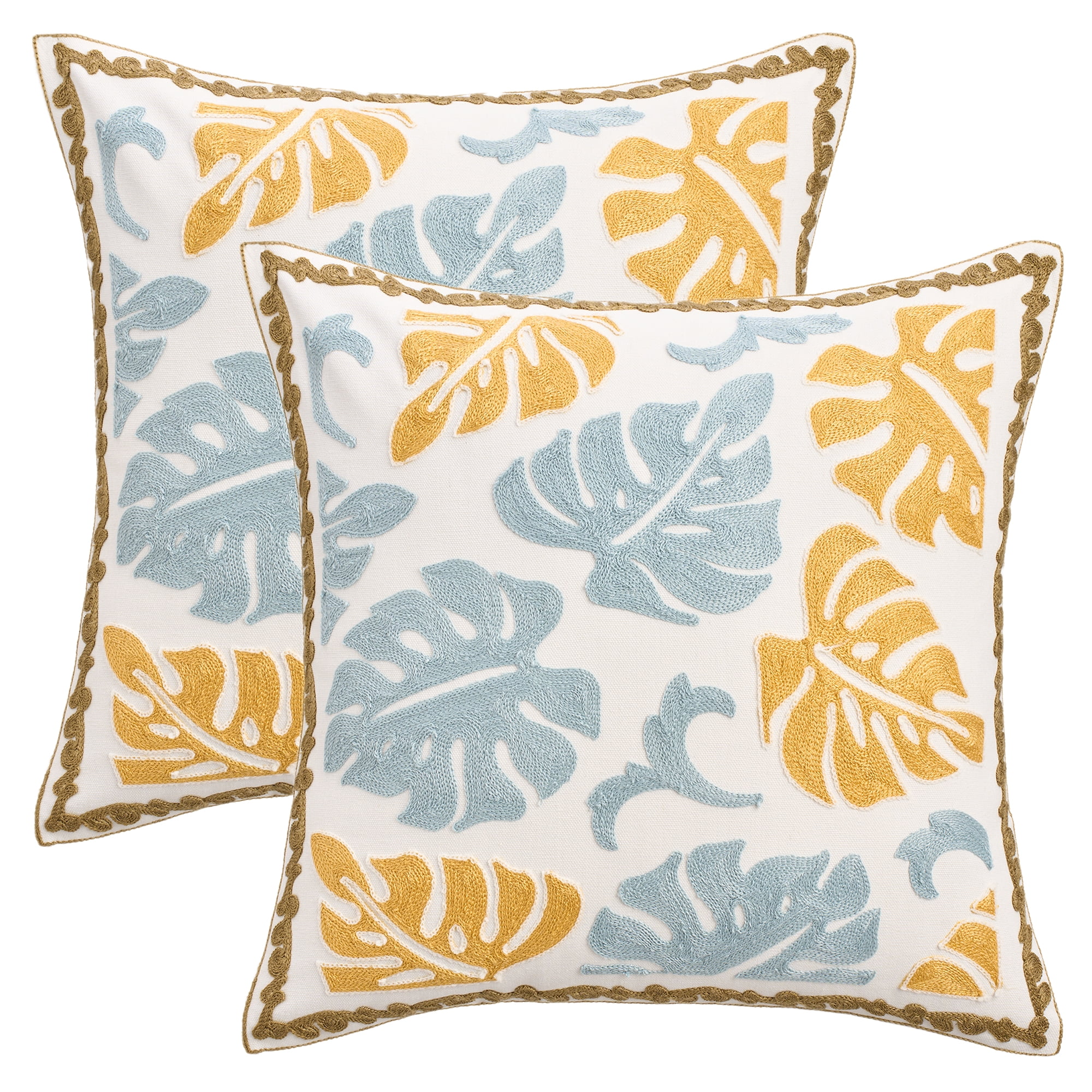 Unique Bargains Set of 2 Floral Embroidery Cotton Canvas Pillow Cover Yellow Blue