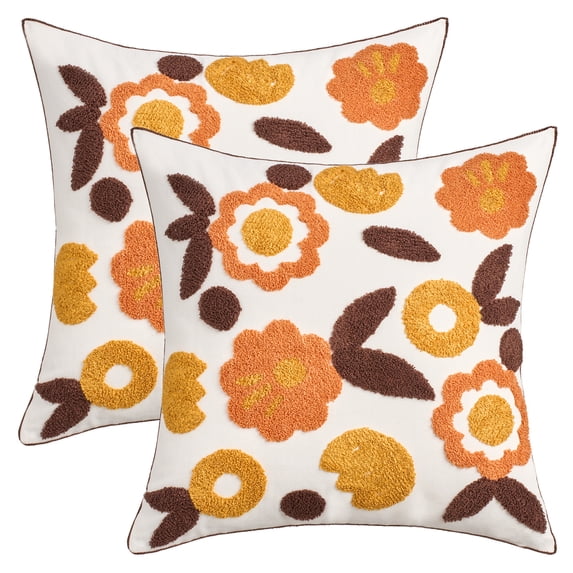Unique Bargains Set of 2 Floral Embroidery Cotton Canvas Pillow Cover Yellow Orange