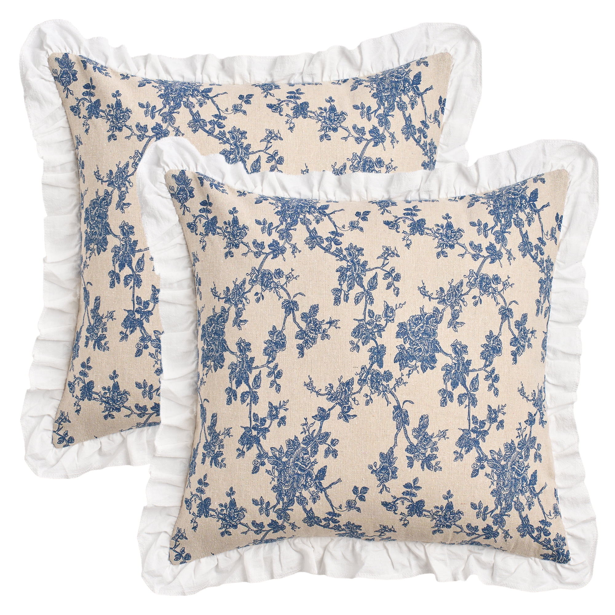 Unique Bargains Set of 2 Leaf Print Pillow Covers with Ruffled Trim Blue 18" x 18"