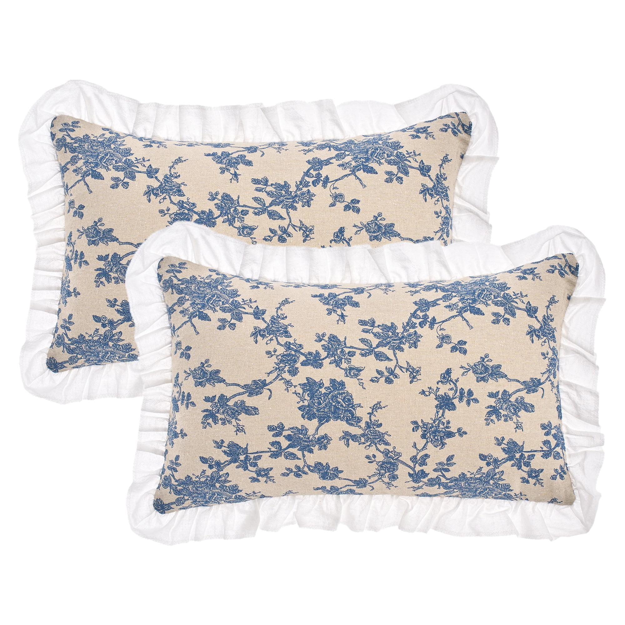 Unique Bargains Set of 2 Leaf Print Pillow Covers with Ruffled Trim Blue 20" x 12"
