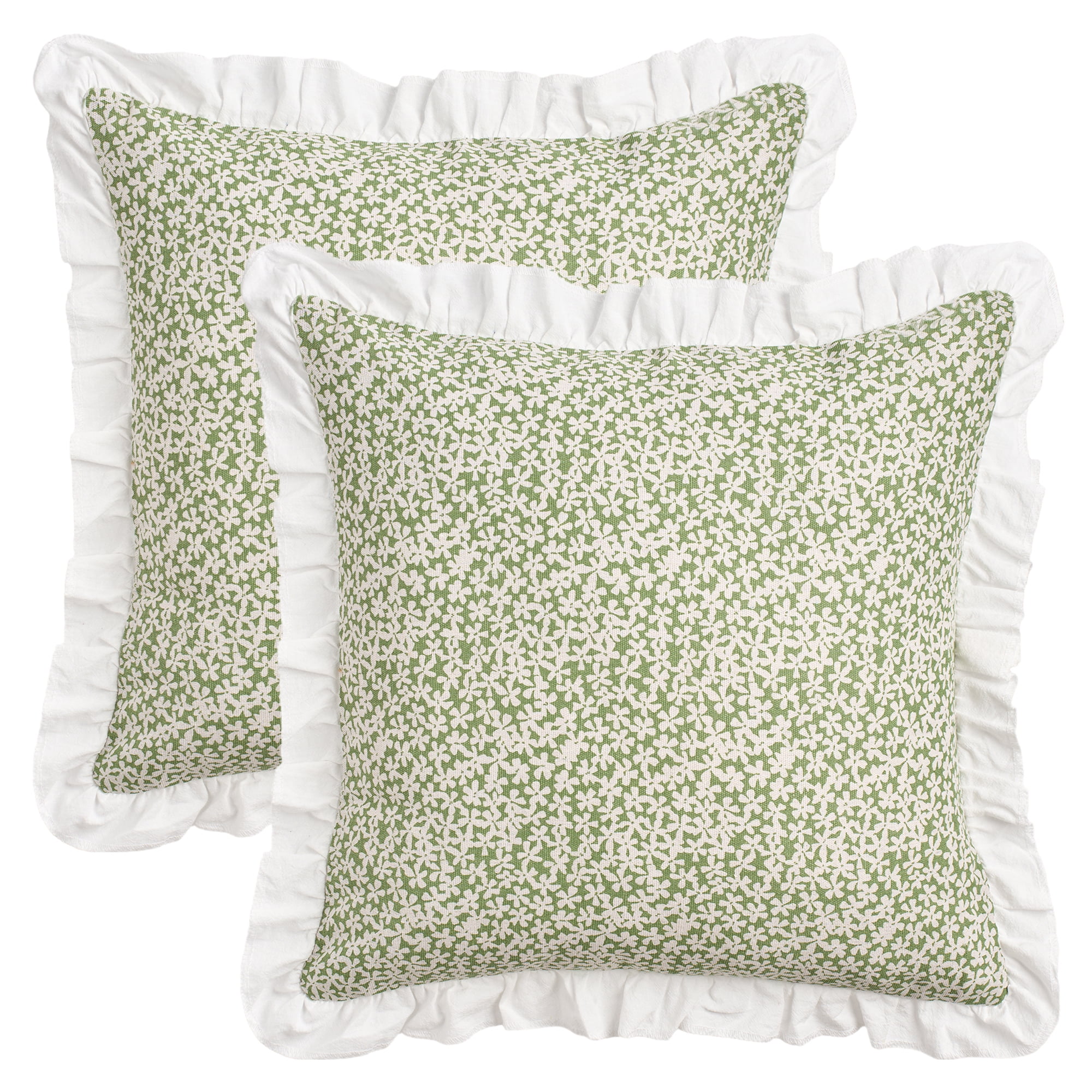 Unique Bargains Set of 2 Leaf Print Pillow Covers with Ruffled Trim Green 18" x 18"
