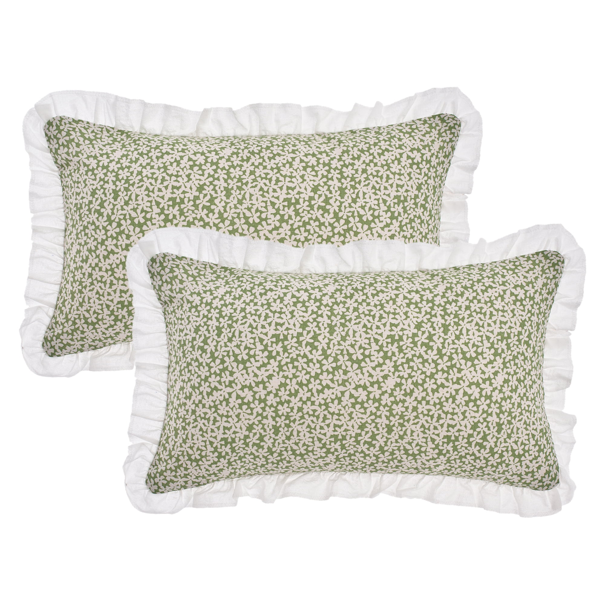 Unique Bargains Set of 2 Leaf Print Pillow Covers with Ruffled Trim Green 20" x 12"