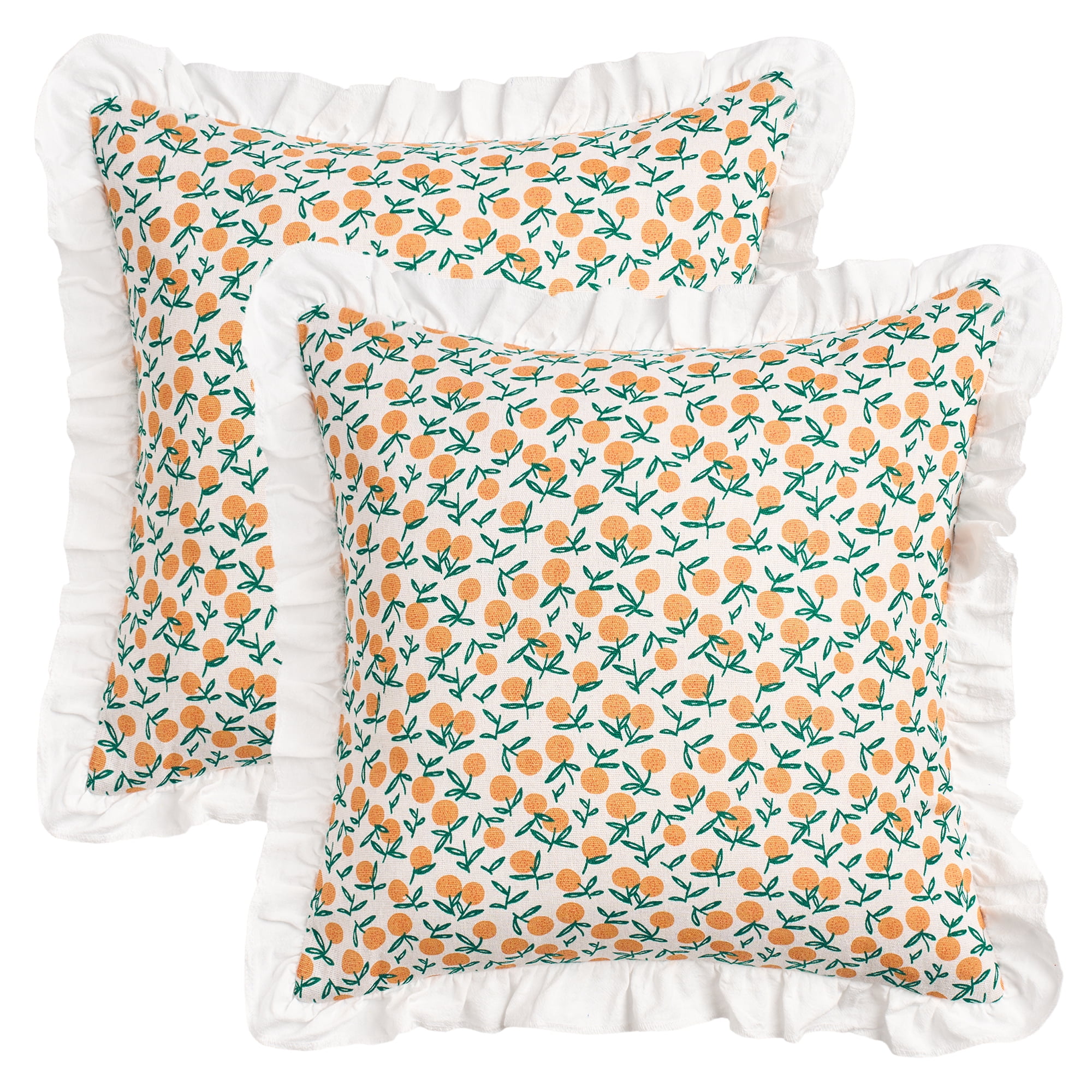 Unique Bargains Set of 2 Leaf Print Pillow Covers with Ruffled Trim Orange 18" x 18"
