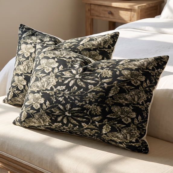 Unique Bargains Set of 2 Modern Botanical Floral Printed Throw Pillow Covers Black 20"x12"