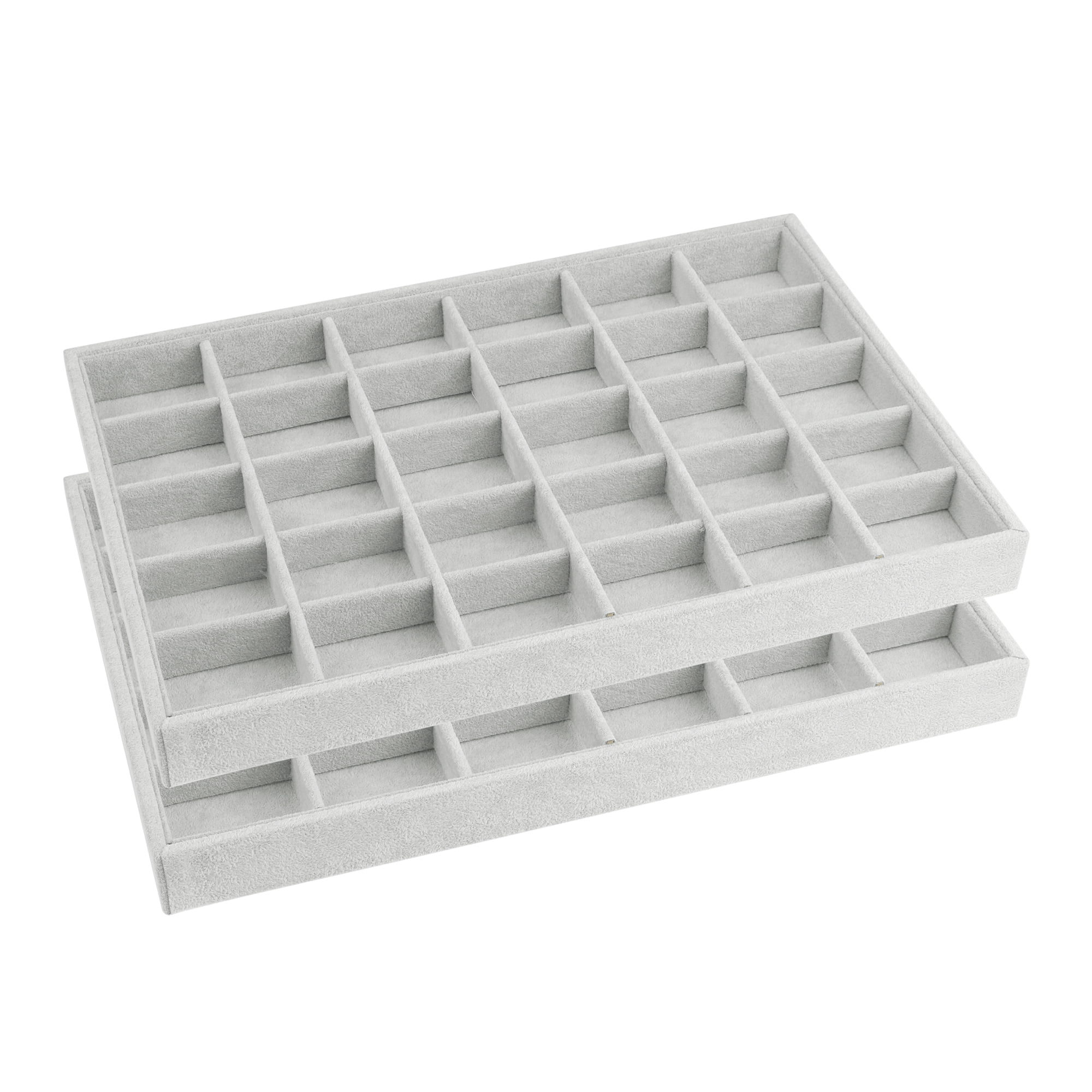 Unique Bargains Set of 2 Stackable Velvet Jewelry Organizer Trays with Removable Dividers Grey-30 Grid Tray