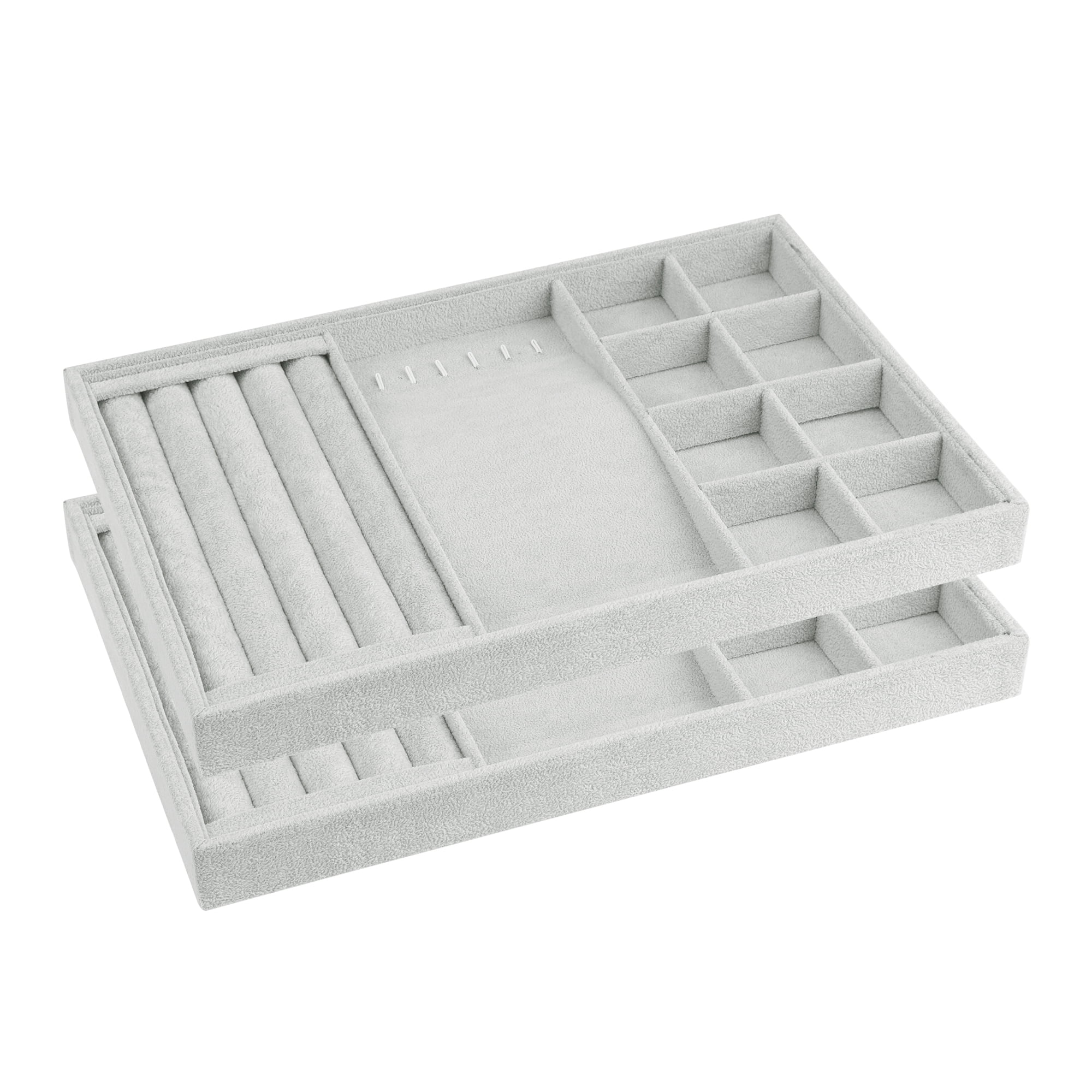 Unique Bargains Set of 2 Stackable Velvet Jewelry Organizer Trays with Removable Dividers Grey for Necklace Ring