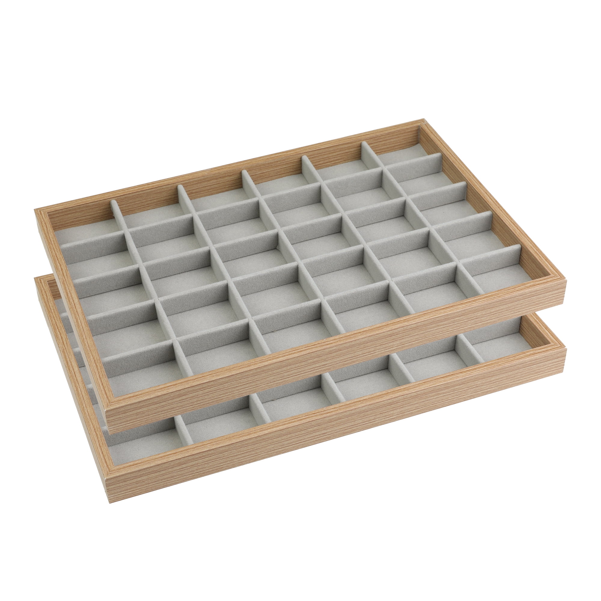 Unique Bargains Set of 2 Wood Jewelry Trays for Drawers Stackable Girls' Jewelry Organizer Light Brown-30 Grid Tray