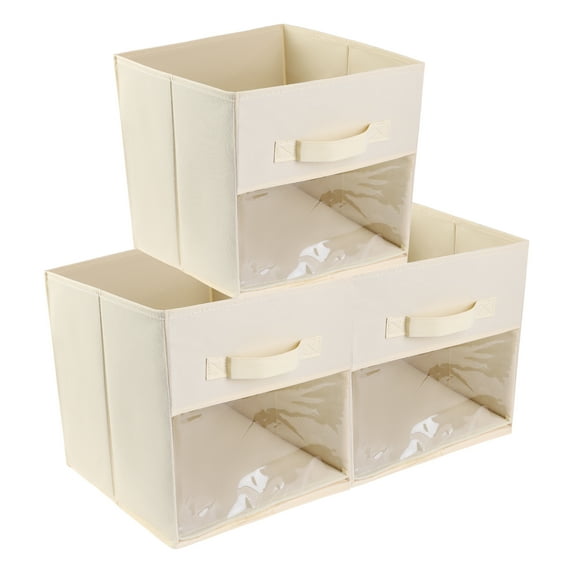 Unique Bargains Set of 3 Fabric Storage Bins with Handle for Organizing Clothes Beige