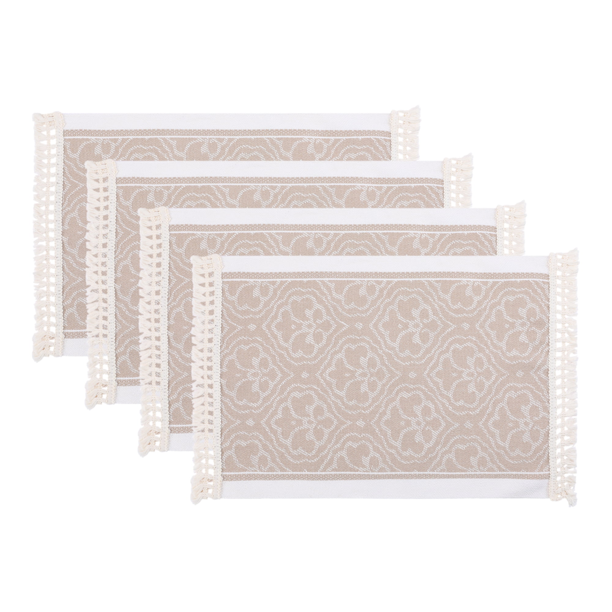 Unique Bargains Set of 4 Linen Farmhouse Placemats Khaki/White 17.7x13.8inch