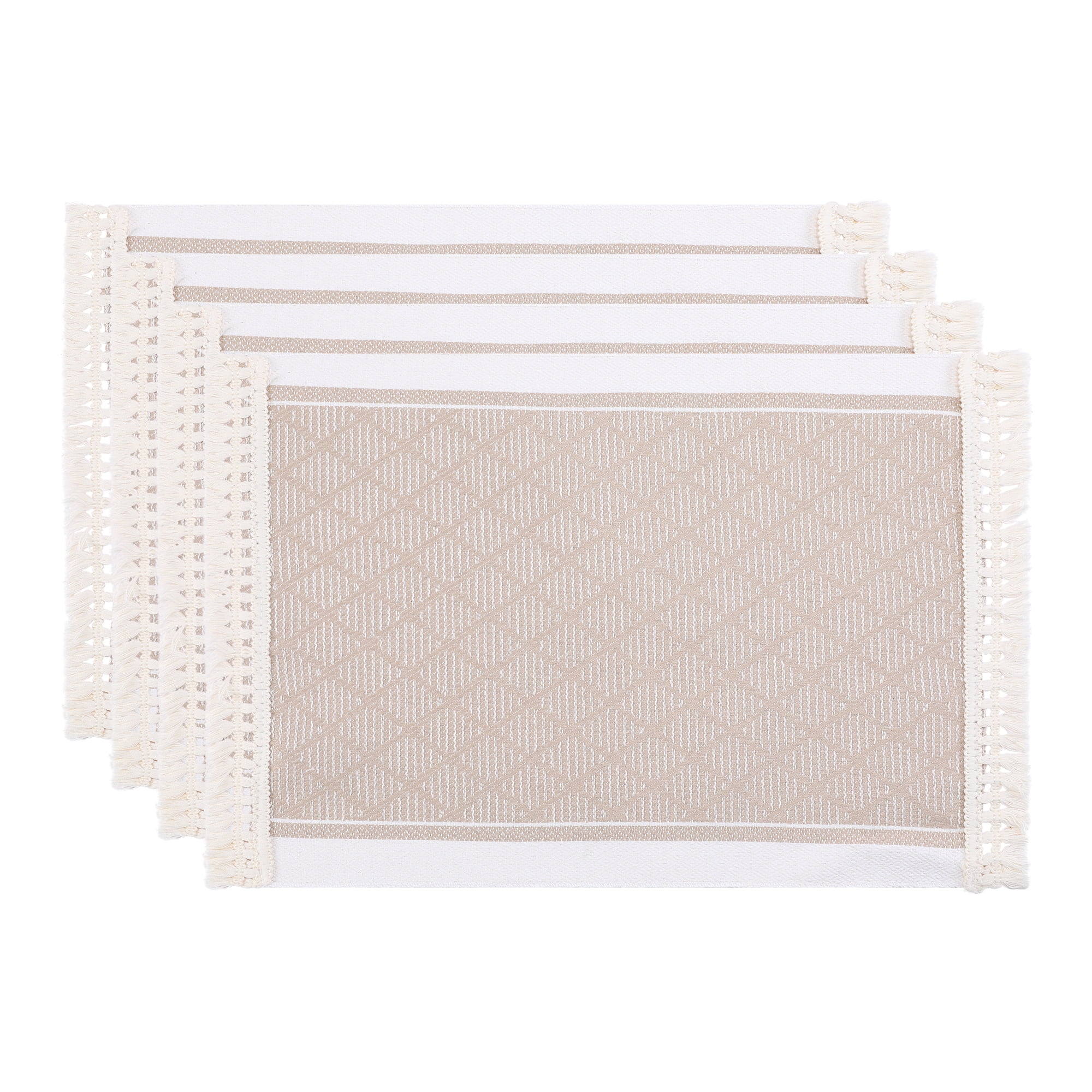 Unique Bargains Set of 4 Linen Farmhouse Placemats Light Brown/White 17.7x13.8inch