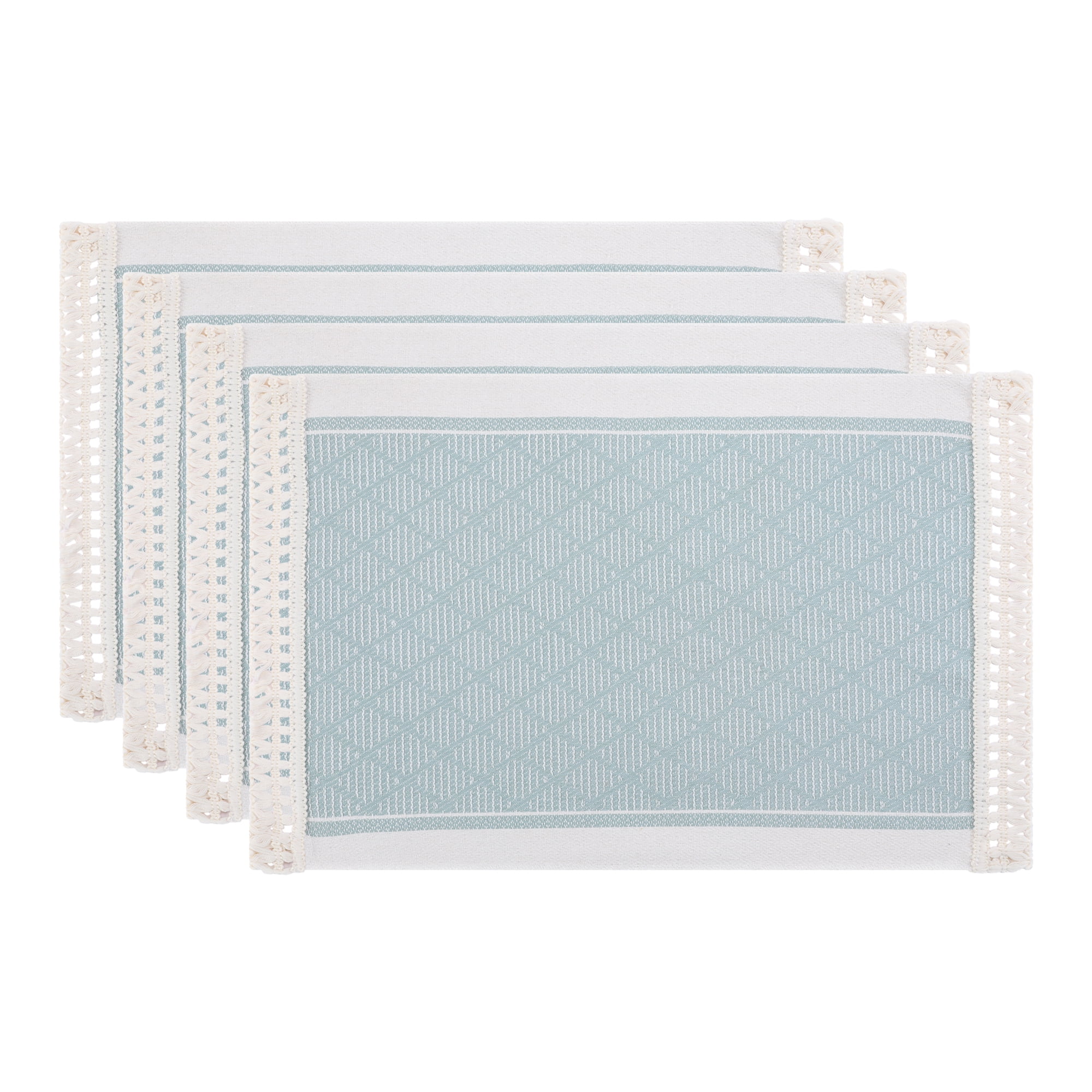 Unique Bargains Set of 4 Linen Farmhouse Placemats Light Green/White 17.7x13.8inch