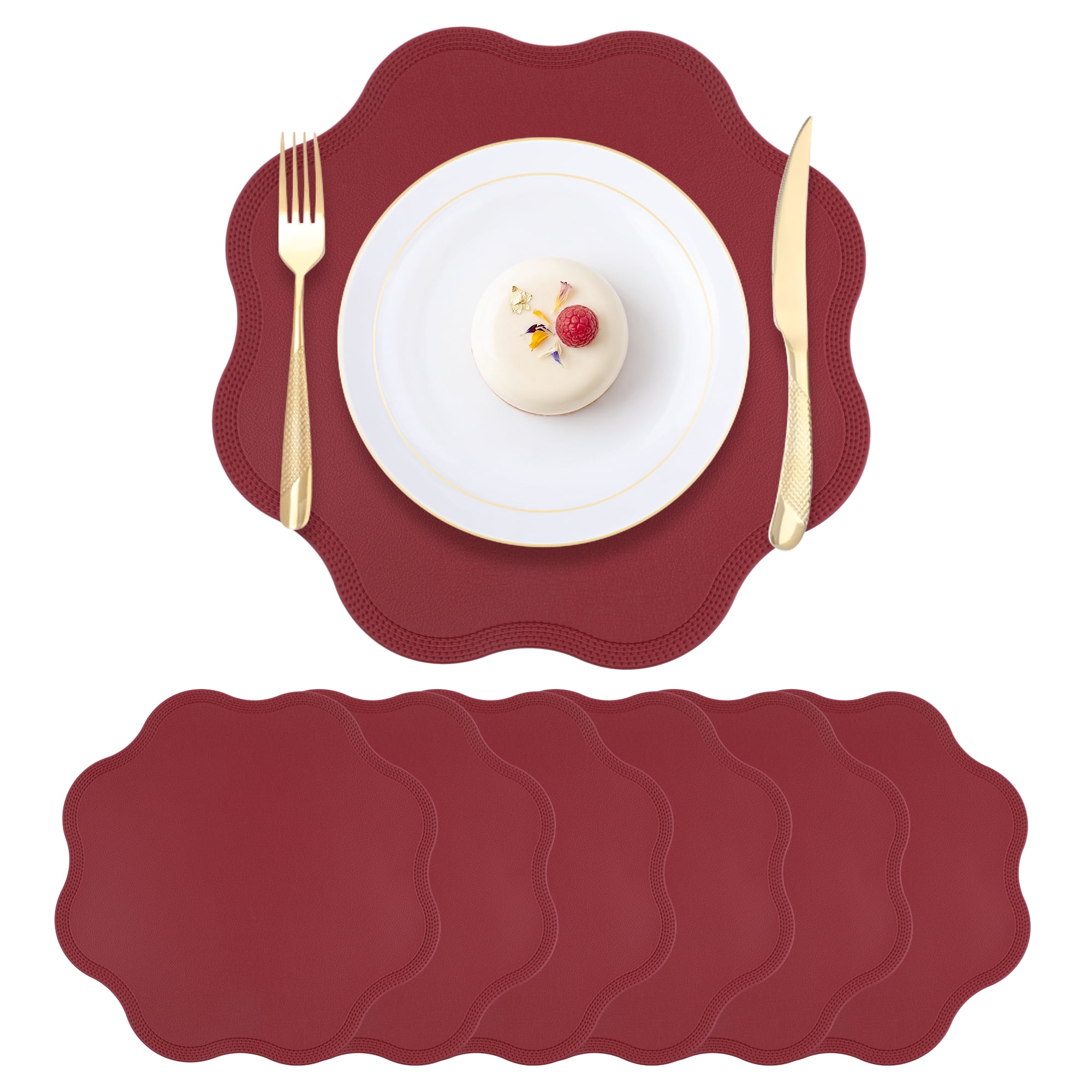 Unique Bargains Set of 6 Faux Leather Placemats for Kitchen Table Decor Red 15"x15"
