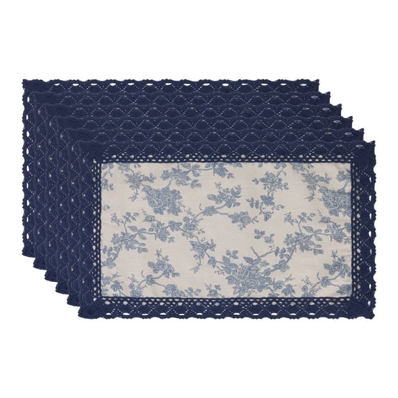 Unique Bargains Set of 6 Rustic Washable Table Mat Placemats with Lace Trim Blue Rose