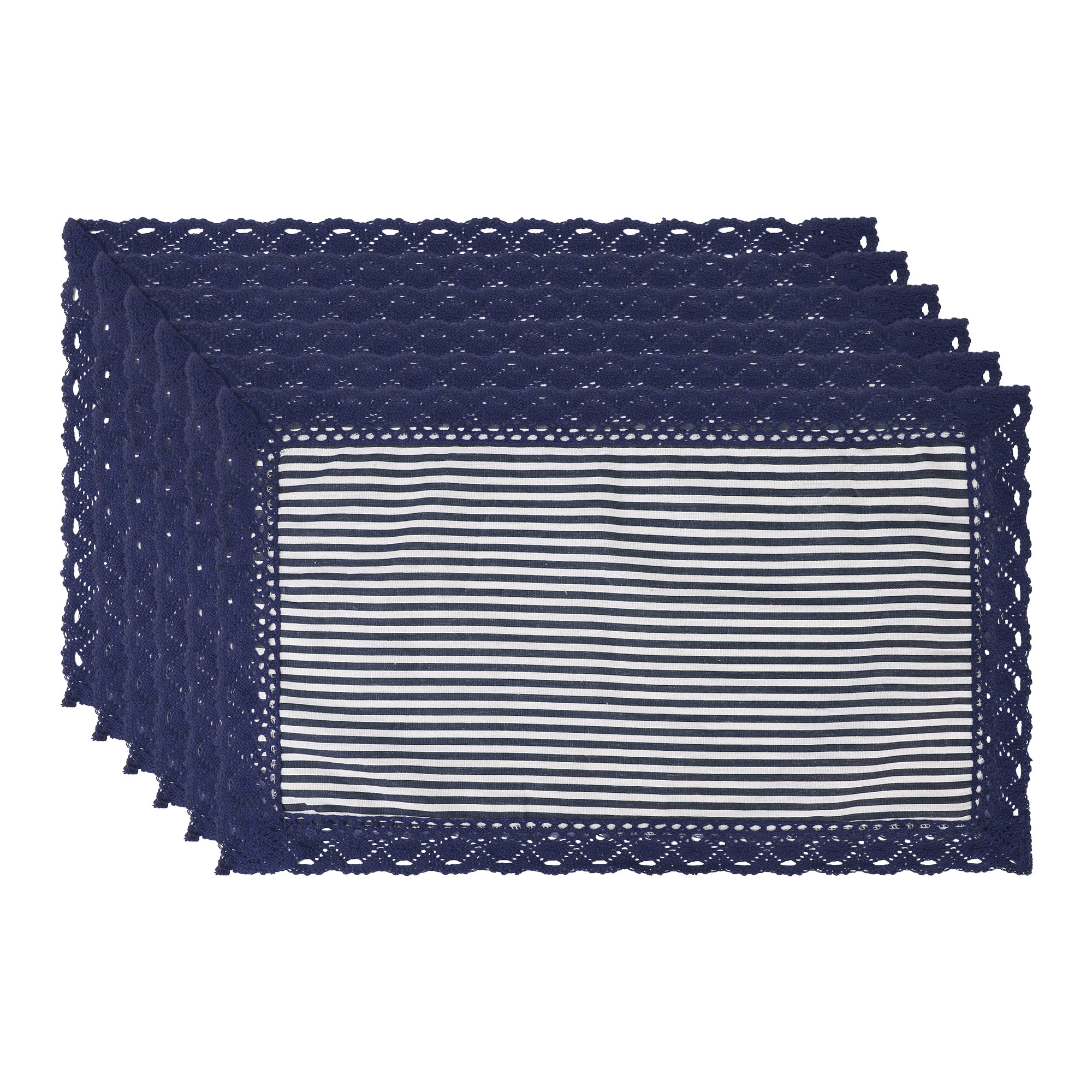 Unique Bargains Set of 6 Rustic Washable Table Mat Placemats with Lace Trim Blue