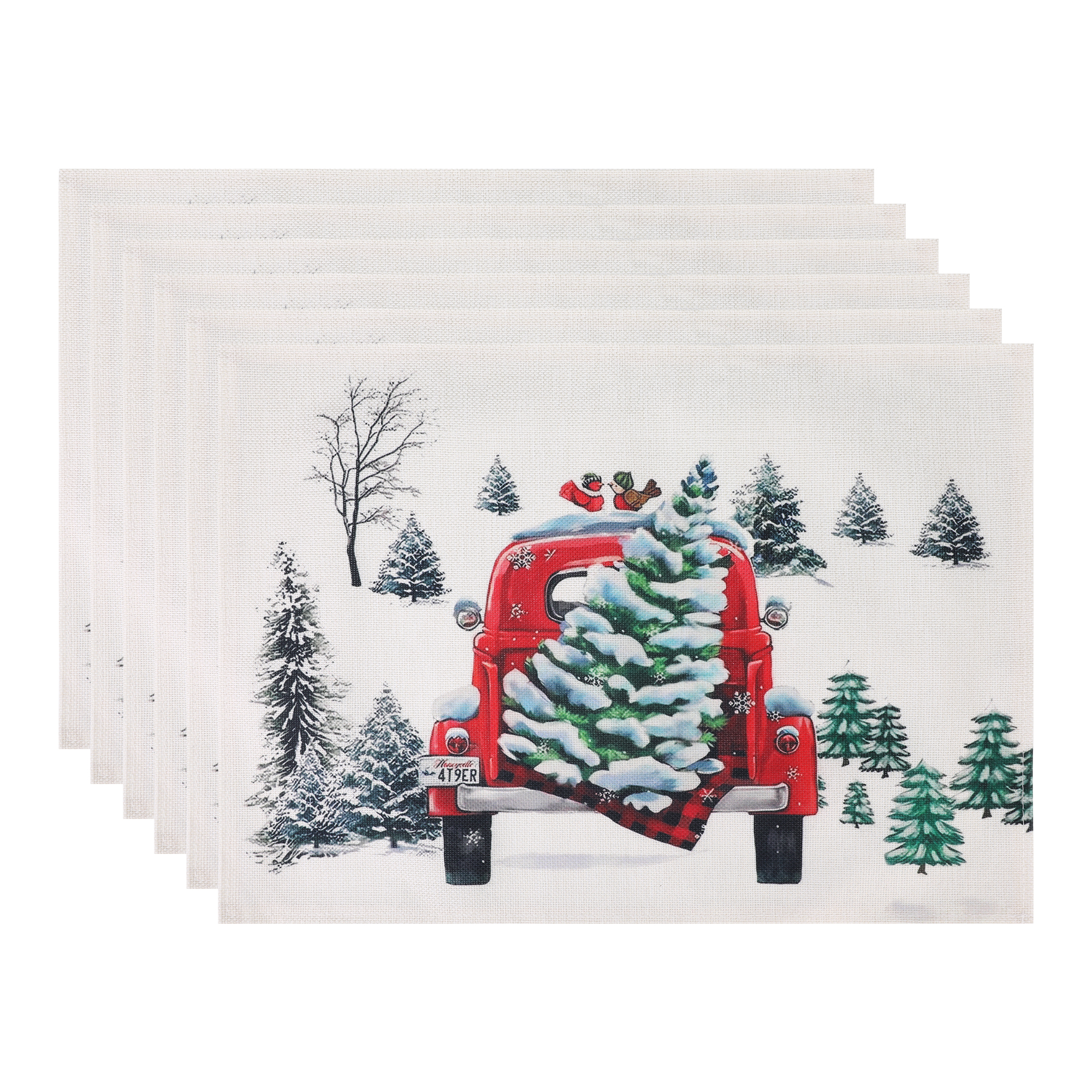 Unique Bargains Set of 6 Washable Linen Placemats Kitchen Table Mat Christmas Tree