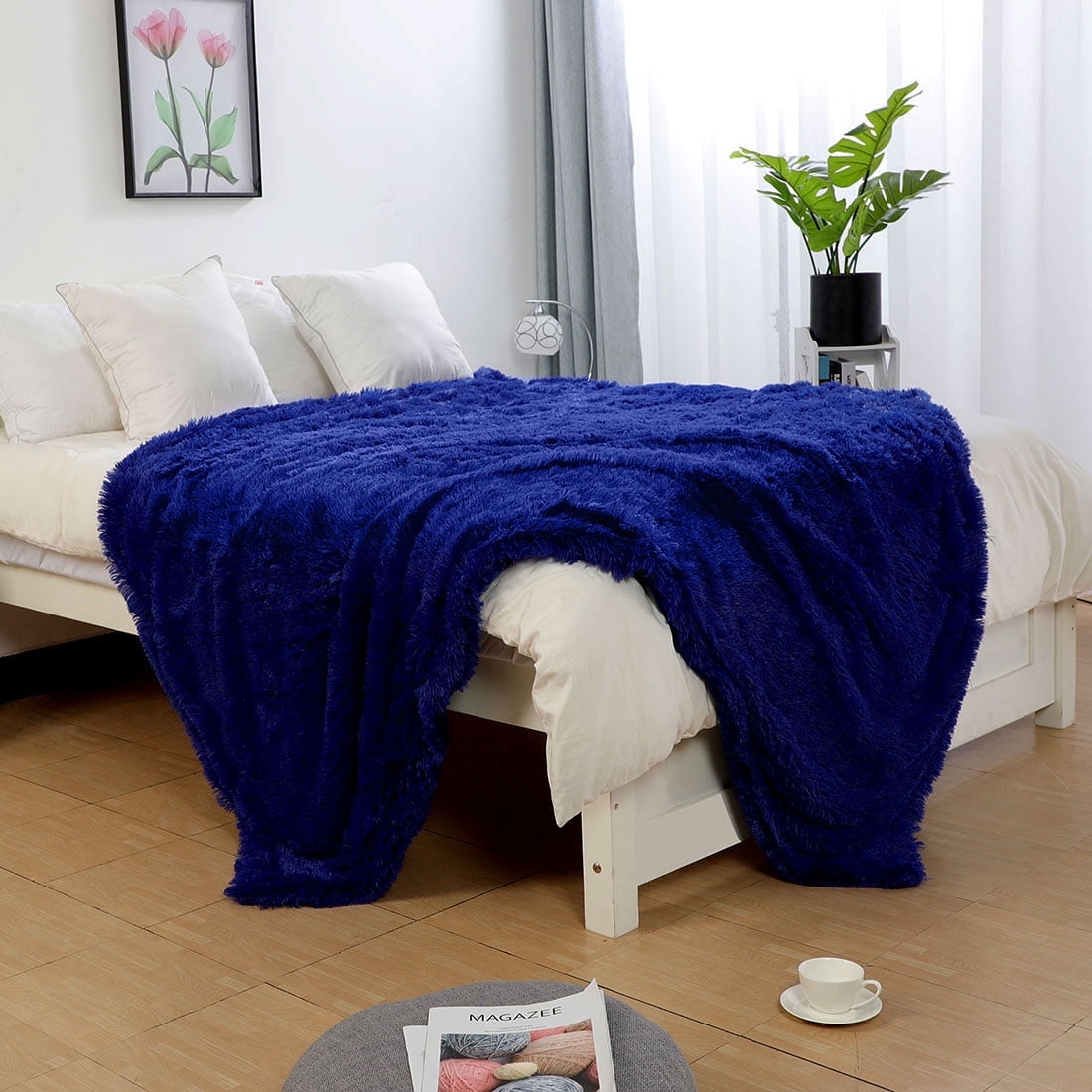 Unique Bargains Shaggy Faux Fur Decorative Blanket Royal Blue Throw