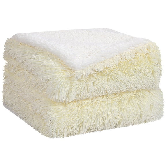 Unique Bargains Shaggy Faux Fur Soft Sherpa Blanket Beige Queen(90" x 90")