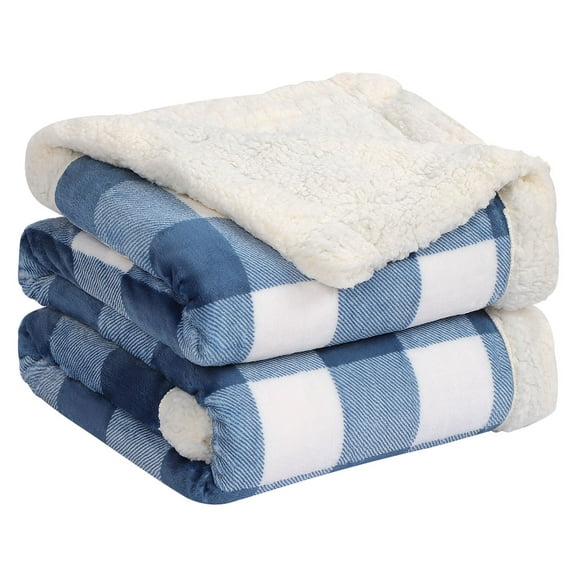 Unique Bargains Sherpa Plaid Plush Flannel Fleece Throw Blanket for Sofa Blue White 50" x 60"