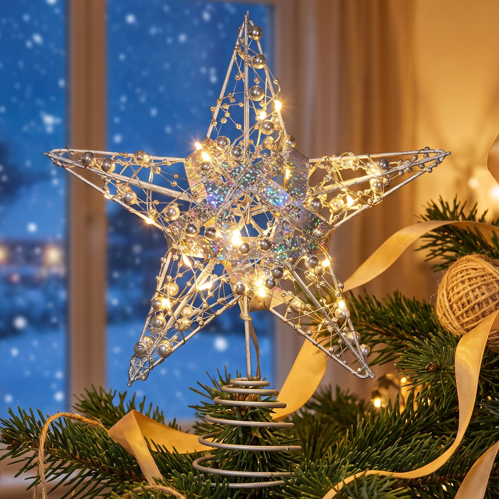 Unique Bargains Shimmering Cosmic Starburst Luxury Glowing Foliage Crest Ornament Silver Lights with Battery Operated 7.9"