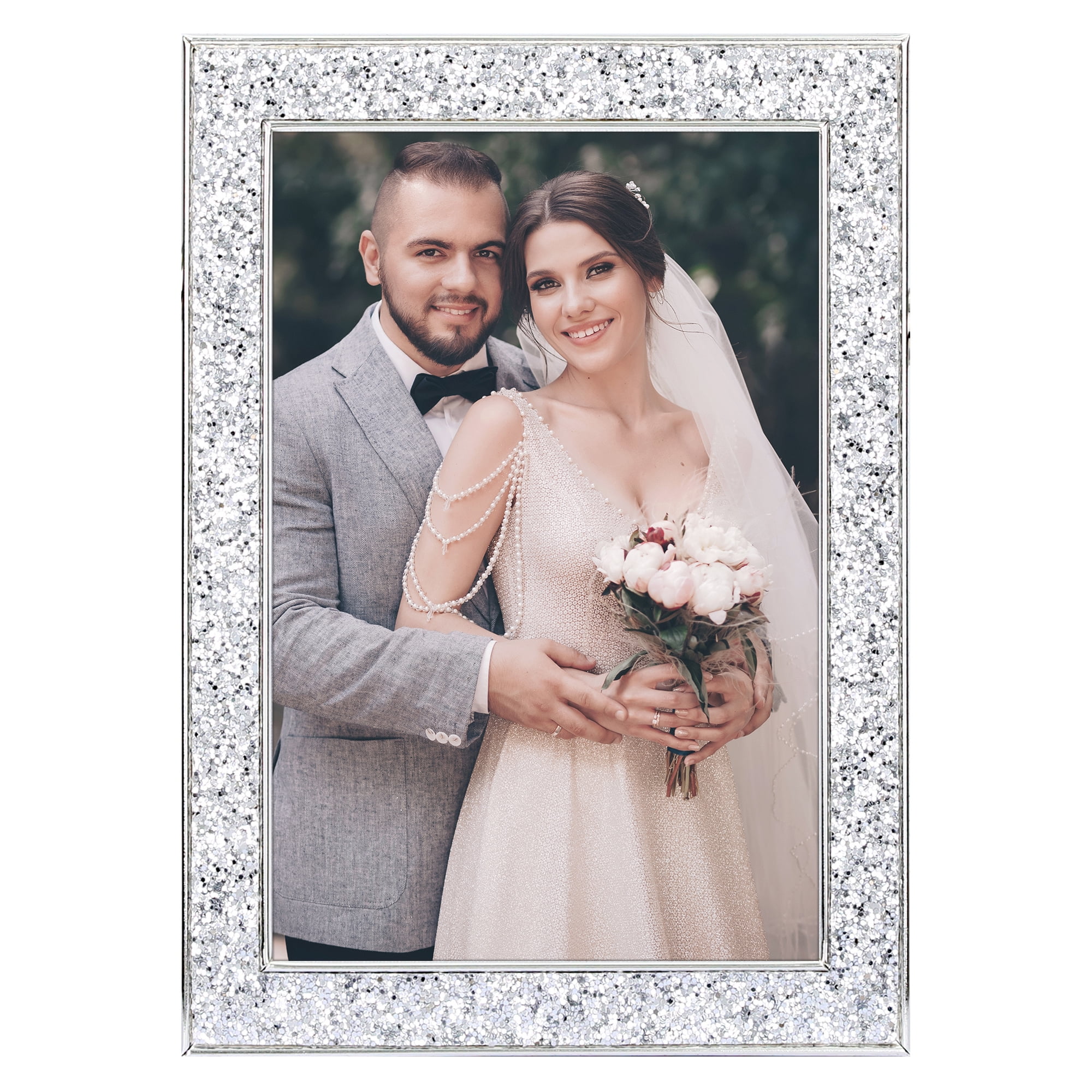 Unique Bargains Shiny Picture Frames Metal Gift Photo Frame with Real Glass Silver 5x7"