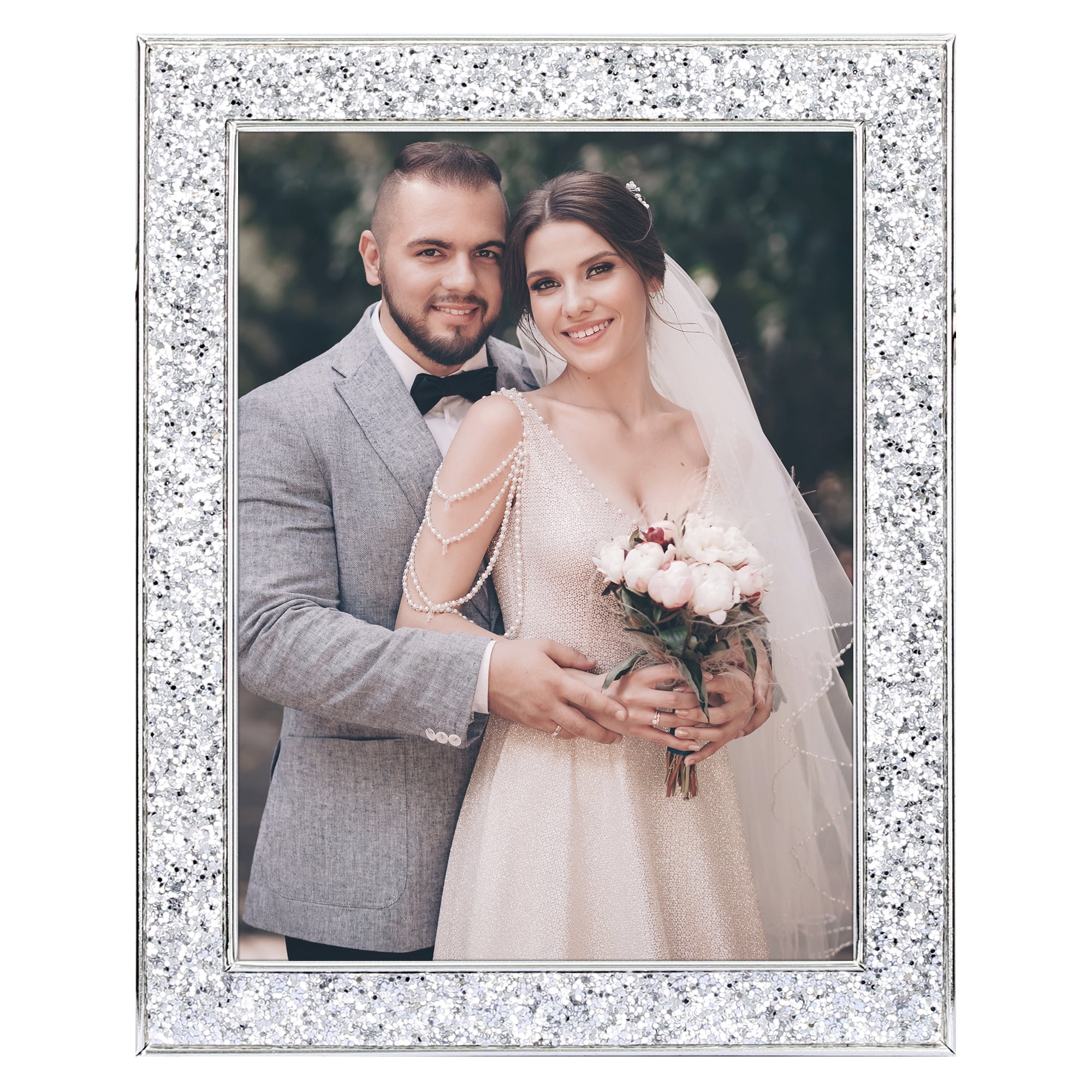 Unique Bargains Shiny Picture Frames Metal Gift Photo Frame with Real Glass Silver 8x10"
