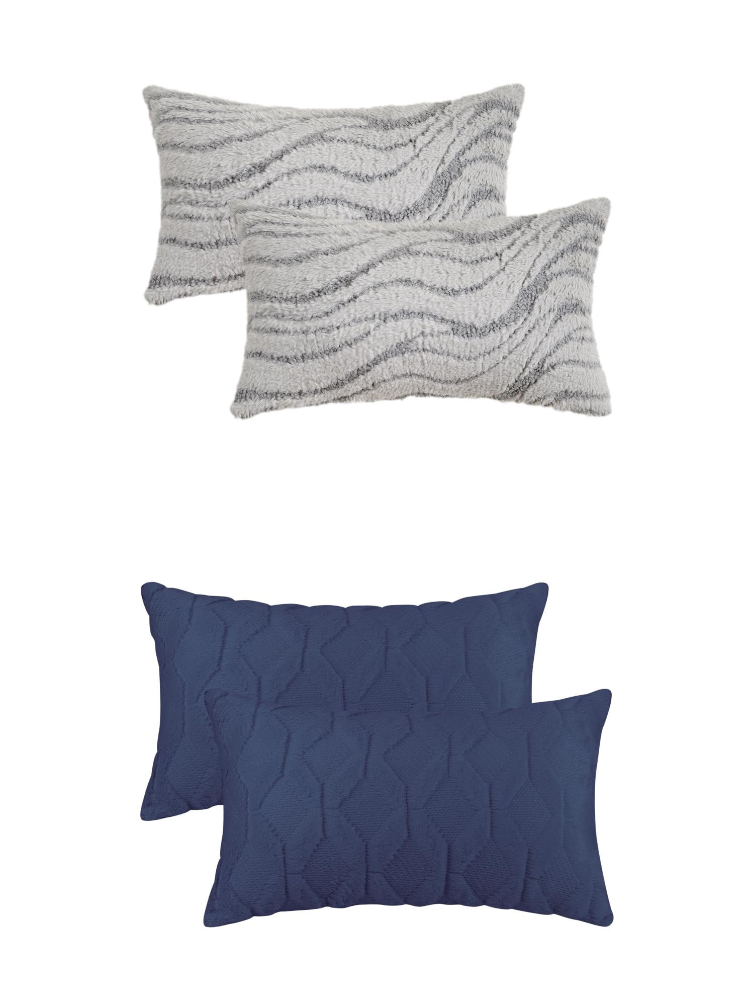Unique Bargains Short Plush Solid Pillow Covers 4 Pcs Dark Blue/Grey 12" x 20"