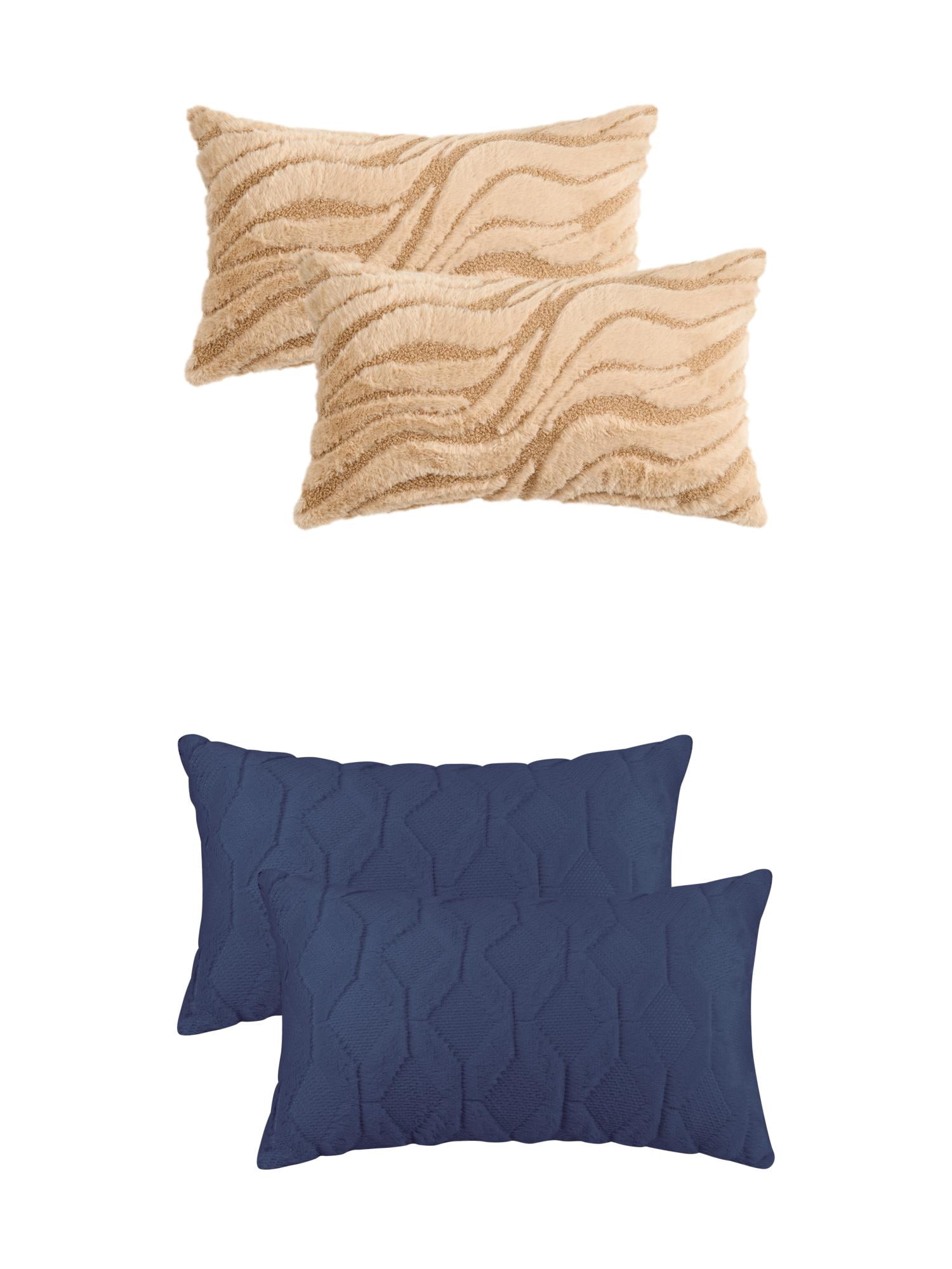 Unique Bargains Short Plush Solid Pillow Covers 4 Pcs Dark Blue/Khaki 12" x 20"