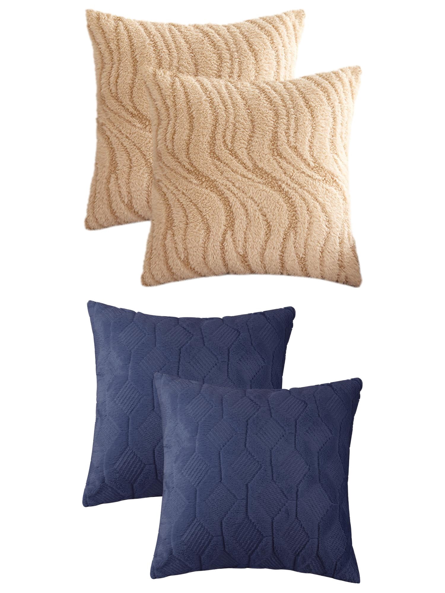 Unique Bargains Short Plush Solid Pillow Covers 4 Pcs Dark Blue/Khaki 18" x 18"